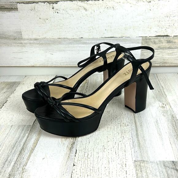 SCHUTZ Women’s 11 Kelsie Black Leather Platform Strappy Block Heel Sandals - Picture 1 of 10